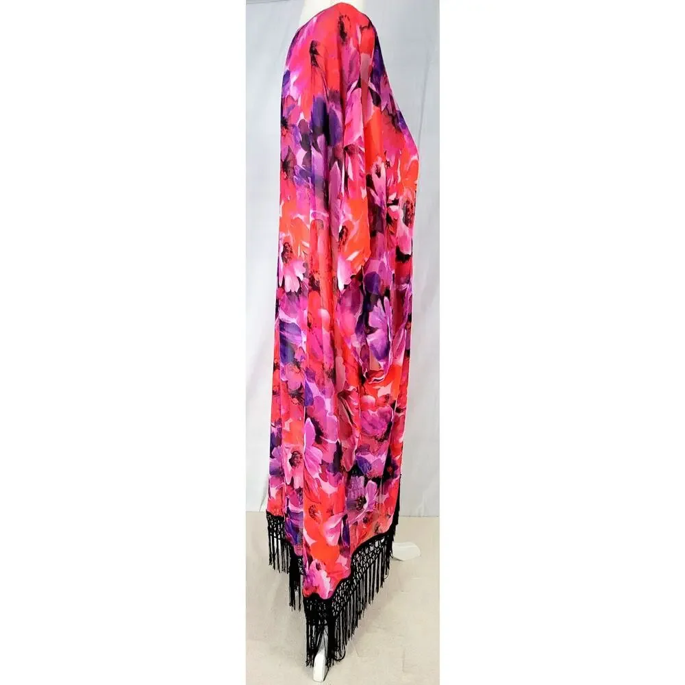 Catalina Floral Chiffon Swim Cover Up XL Pink Fringe Kimono Beach Open Front